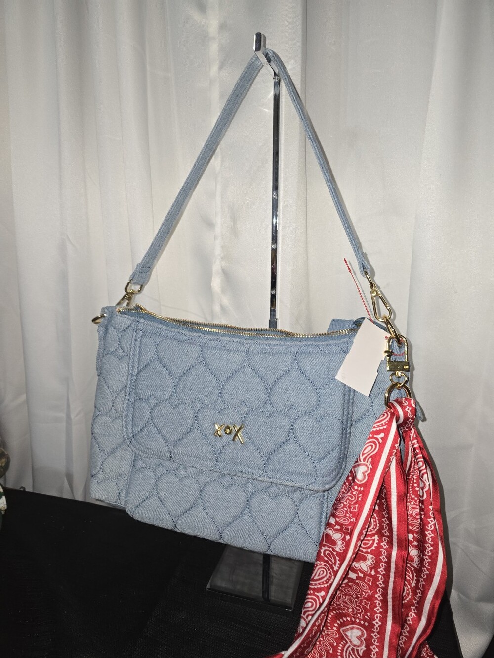 XOX9 Quilted Denims Blue HOBO Bag with Red Bandana Accent SHOULDER BAG